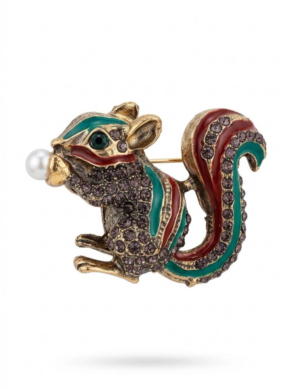Vintage-Inspired Squirrel Brooch Pin with Pearl Accent - Green & Red